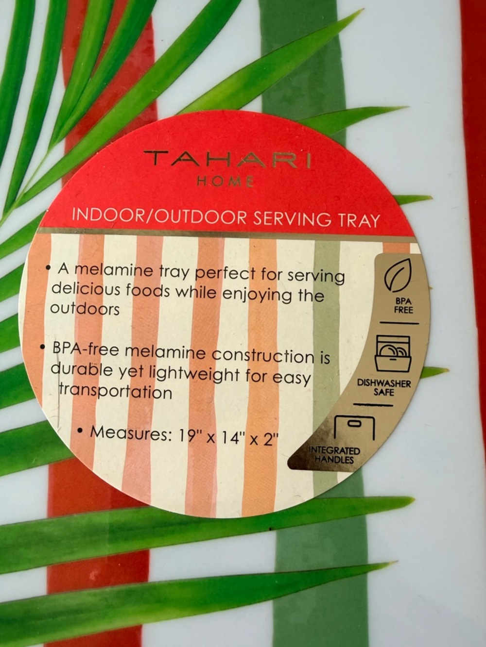 Tahari Home Indoor/Outdoor Melamine Serving Tray - Stripes and Palm Leaf  NWT - Picture 2 of 4